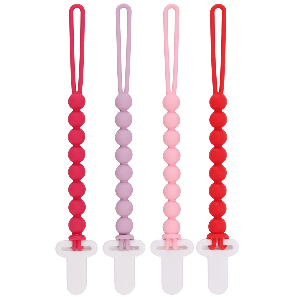 Slotic pacifier clip pink one-piece beads closeup demonstrates safer design for newborns.