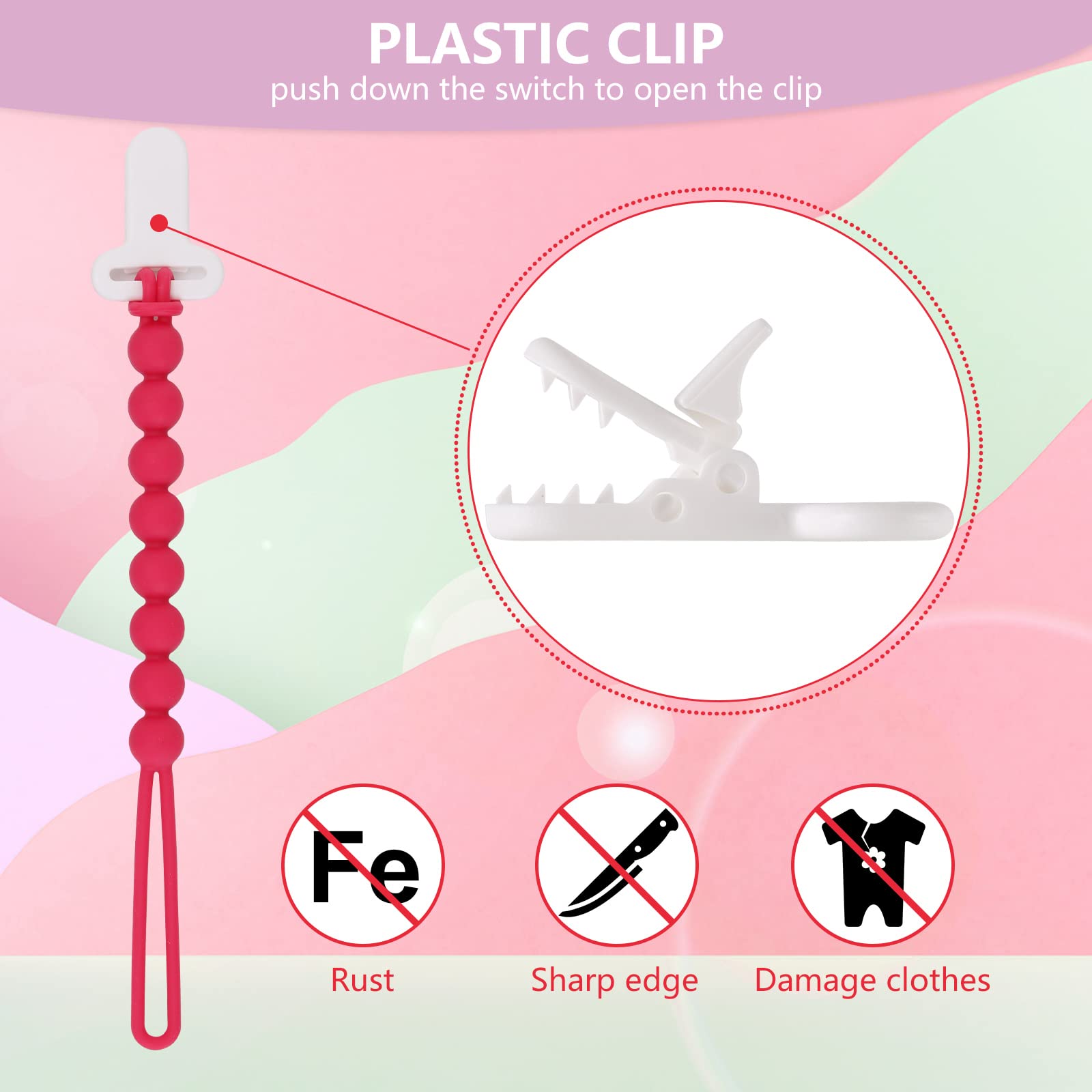 Slotic pacifier clip pink rust-free plastic body ready for busy, on-the-go use.