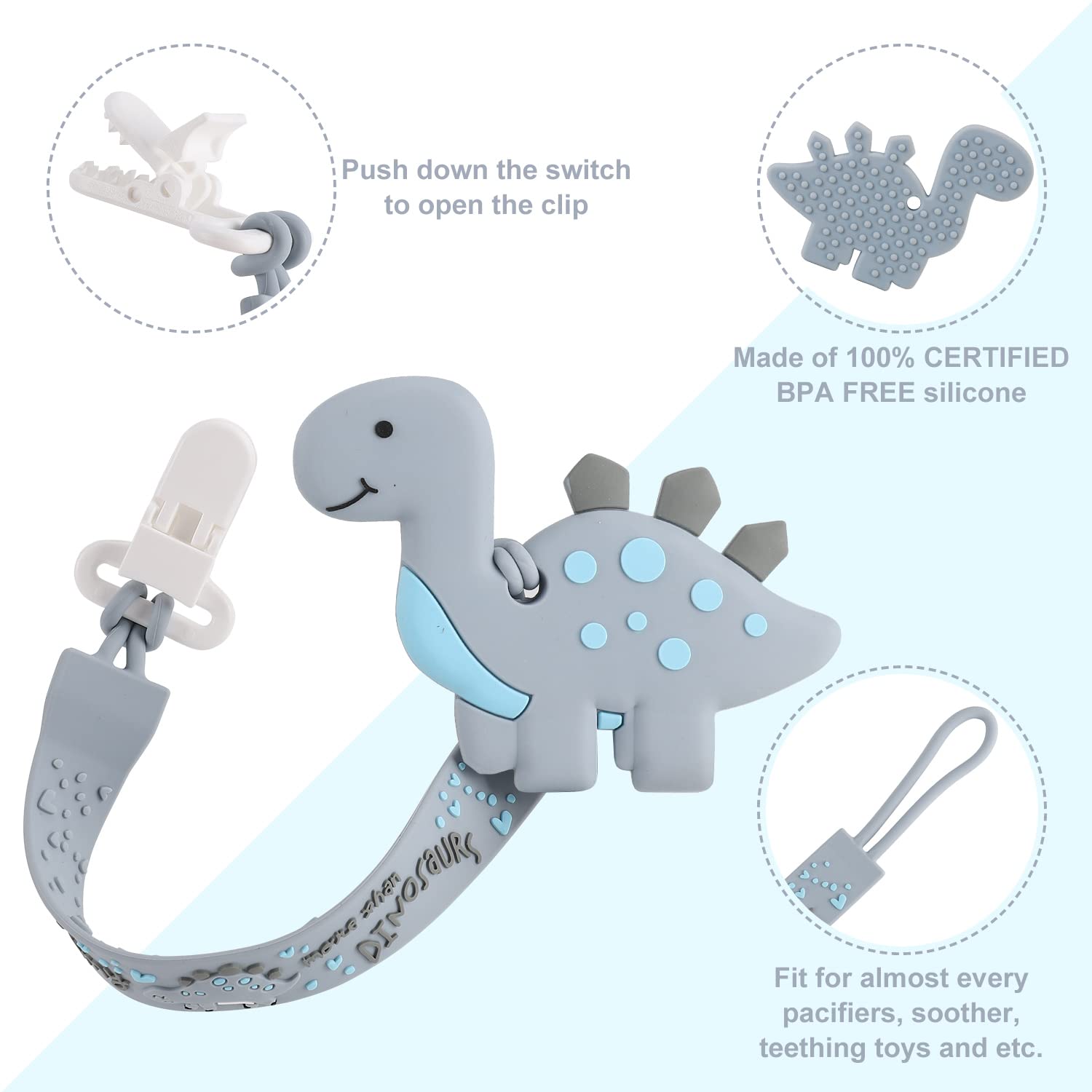 Slotic pacifier clip safety clip emphasizes rust-free plastic for secure use.