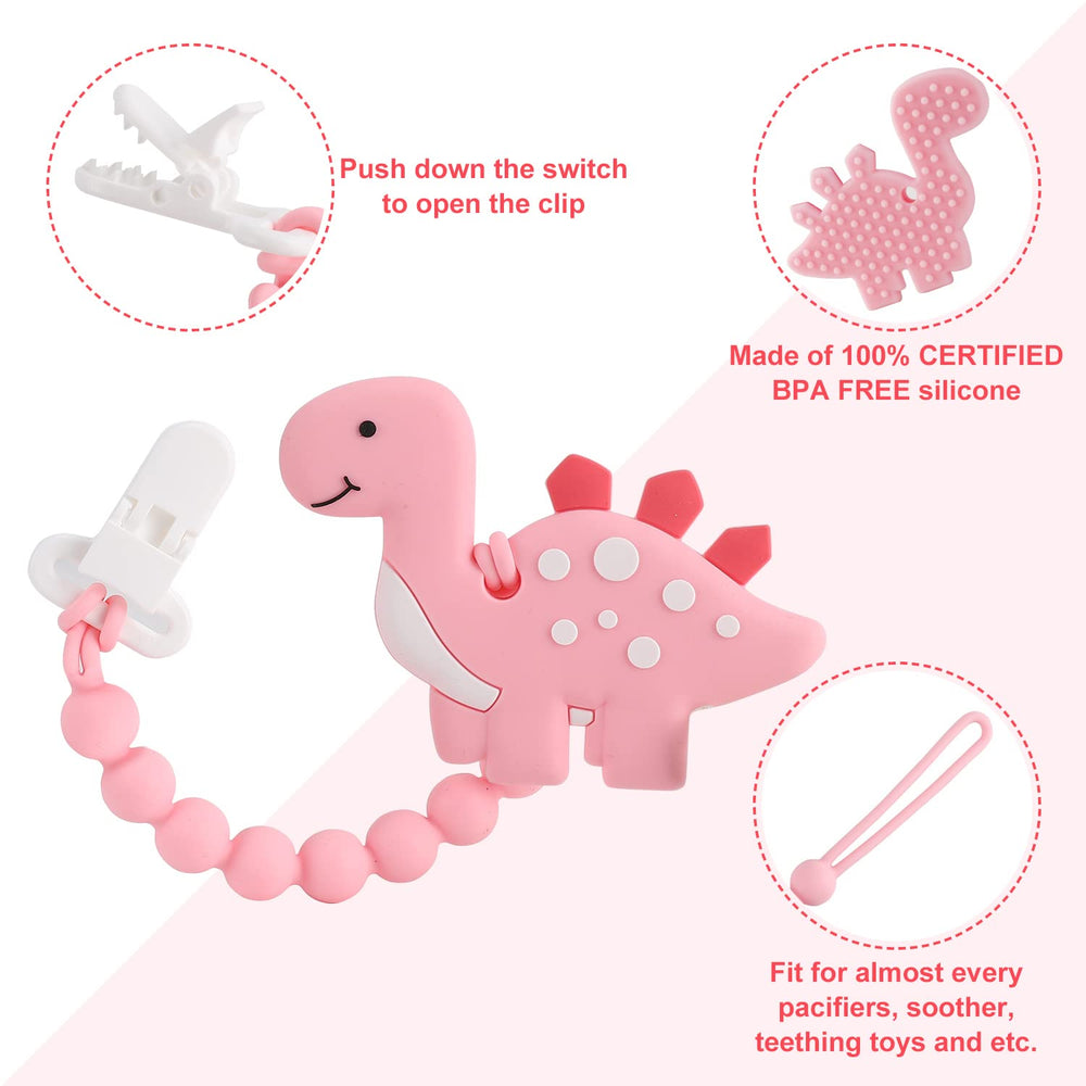 Slotic pacifier-clip secured teether showing safe, rust-free plastic clip.