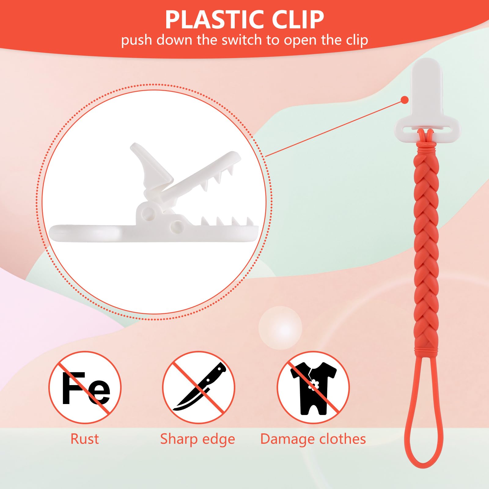 Slotic pink woven rope clip highlights teething relief and tactile stimulation.