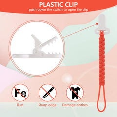 Slotic pink woven rope clip highlights teething relief and tactile stimulation.