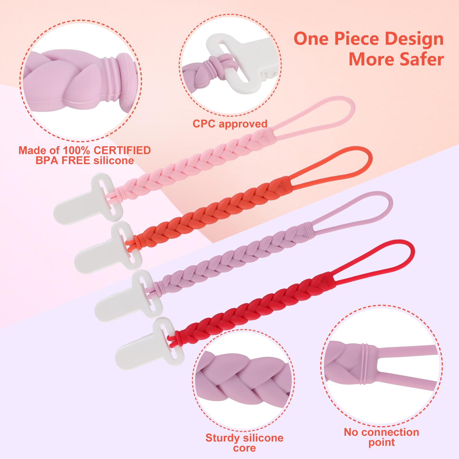 Slotic rust-free clip keeps pacifier clean and accessible.