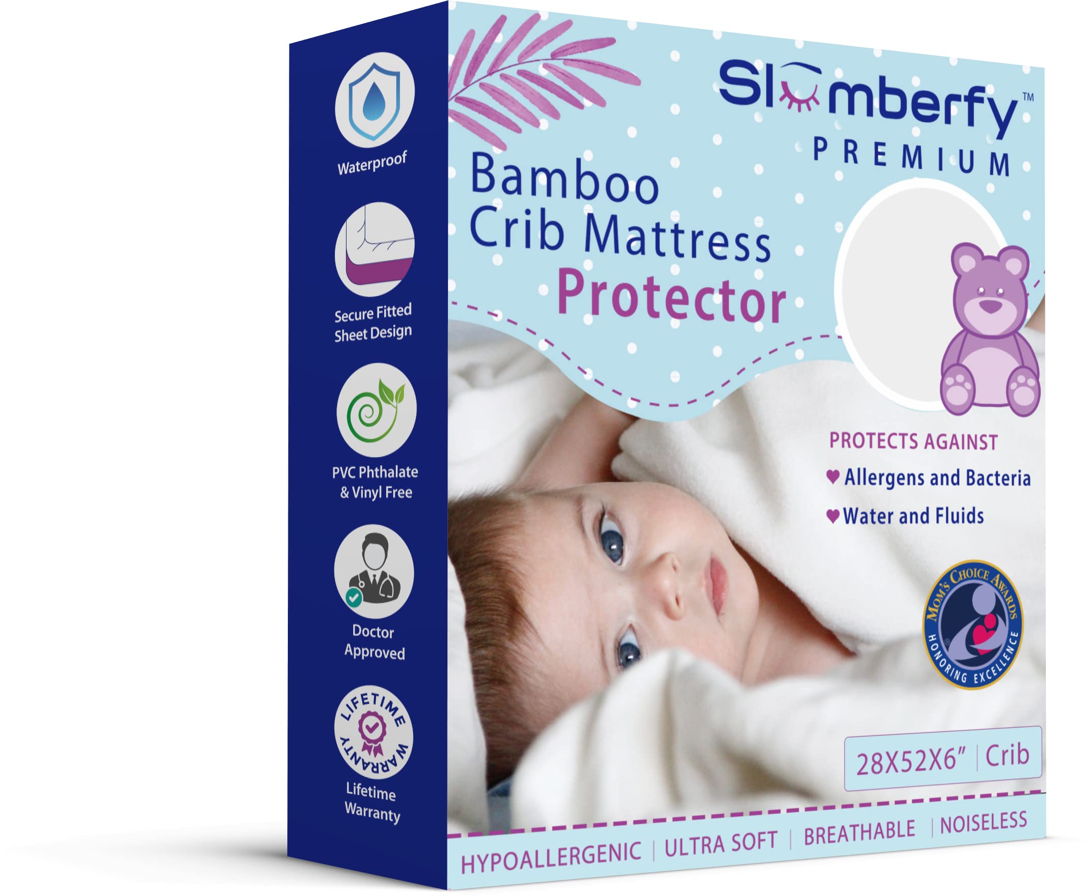 Slumberfy bamboo crib mattress protector cover with breathable weave for a cleaner crib.