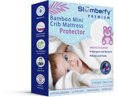 Slumberfy mini crib protector close-up shows bamboo fabric for clean sleep surface