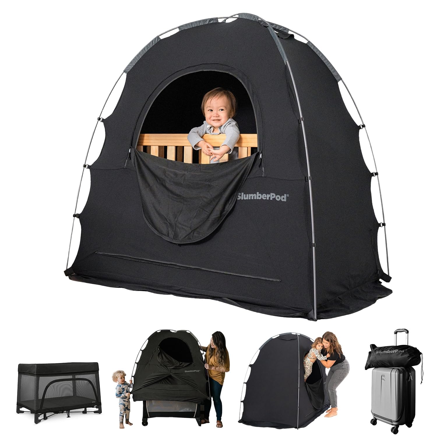 SlumberPod darkened sleep space helps baby sleep with privacy.