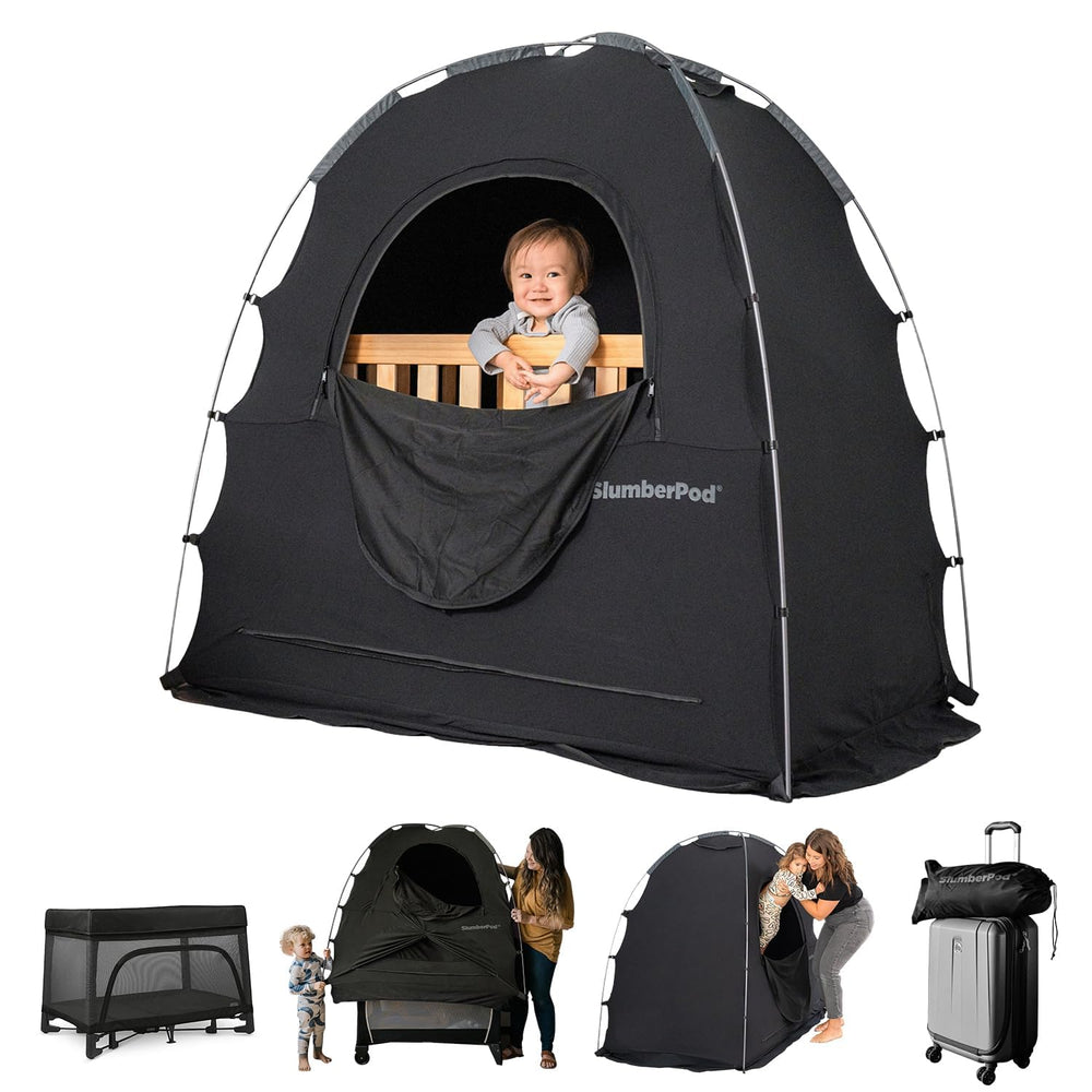 SlumberPod darkened sleep space helps baby sleep with privacy.
