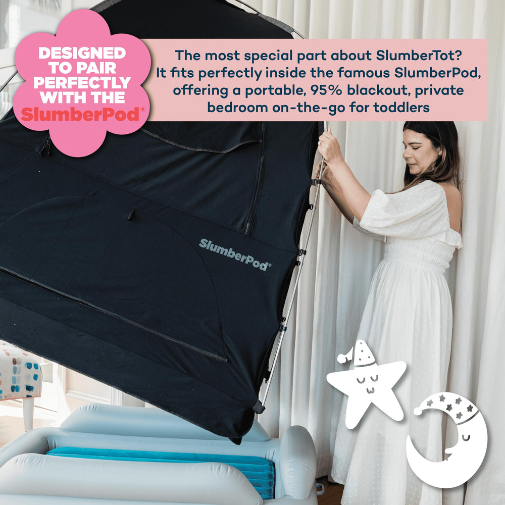 SlumberPod SlumberTot used in a hotel room setup