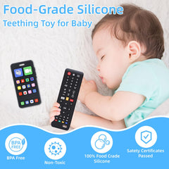 SLUQQHDU baby silicone teether with phone design supports grip and imaginative pretend play.