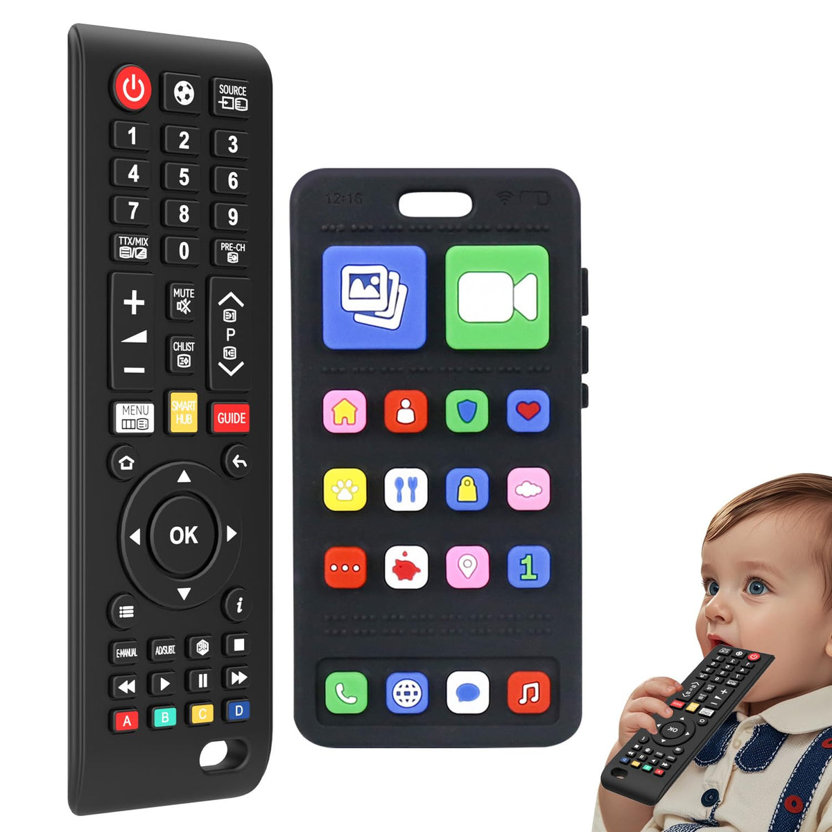 SLUQQHDU baby silicone teether remote-control toy for safe chewing and engaging sensory play.