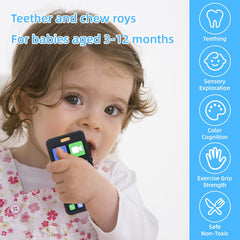 SLUQQHDU textured teether promotes gum massage as baby explores different surfaces.