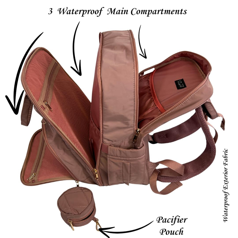 SLyTesha diaper backpack pink interior pockets reveal 16 organized compartments.