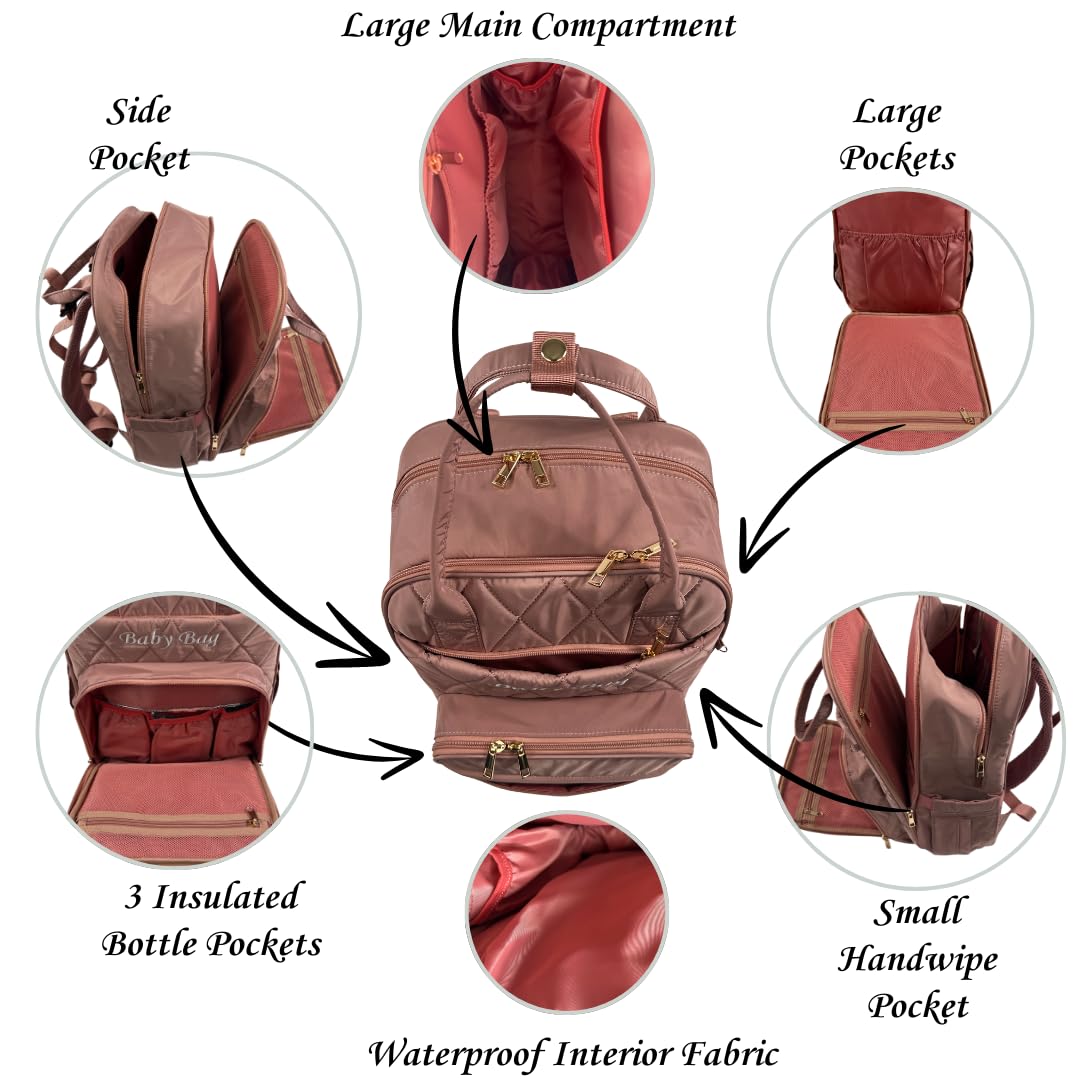 SLyTesha diaper backpack pink stroller strap demonstrates hands-free mobility.