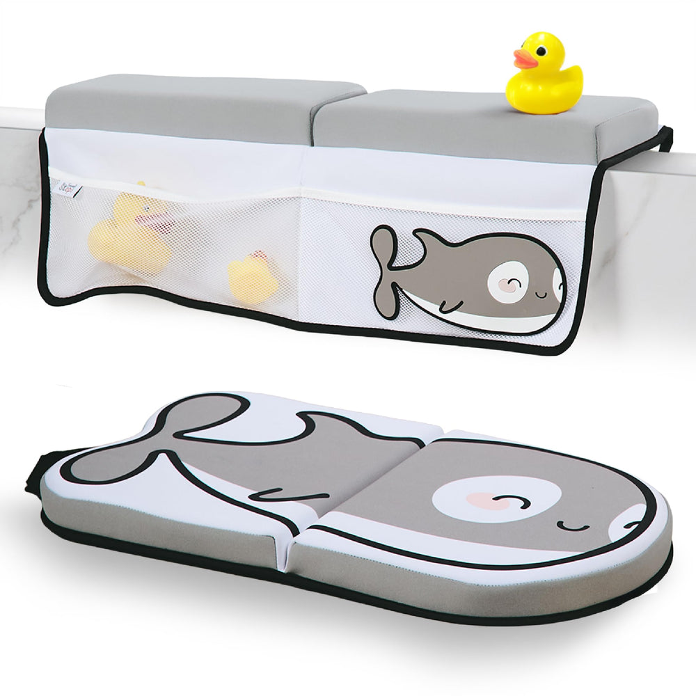 Small Steps orca bath kneeler-memory-foam cushions knees during bath time.