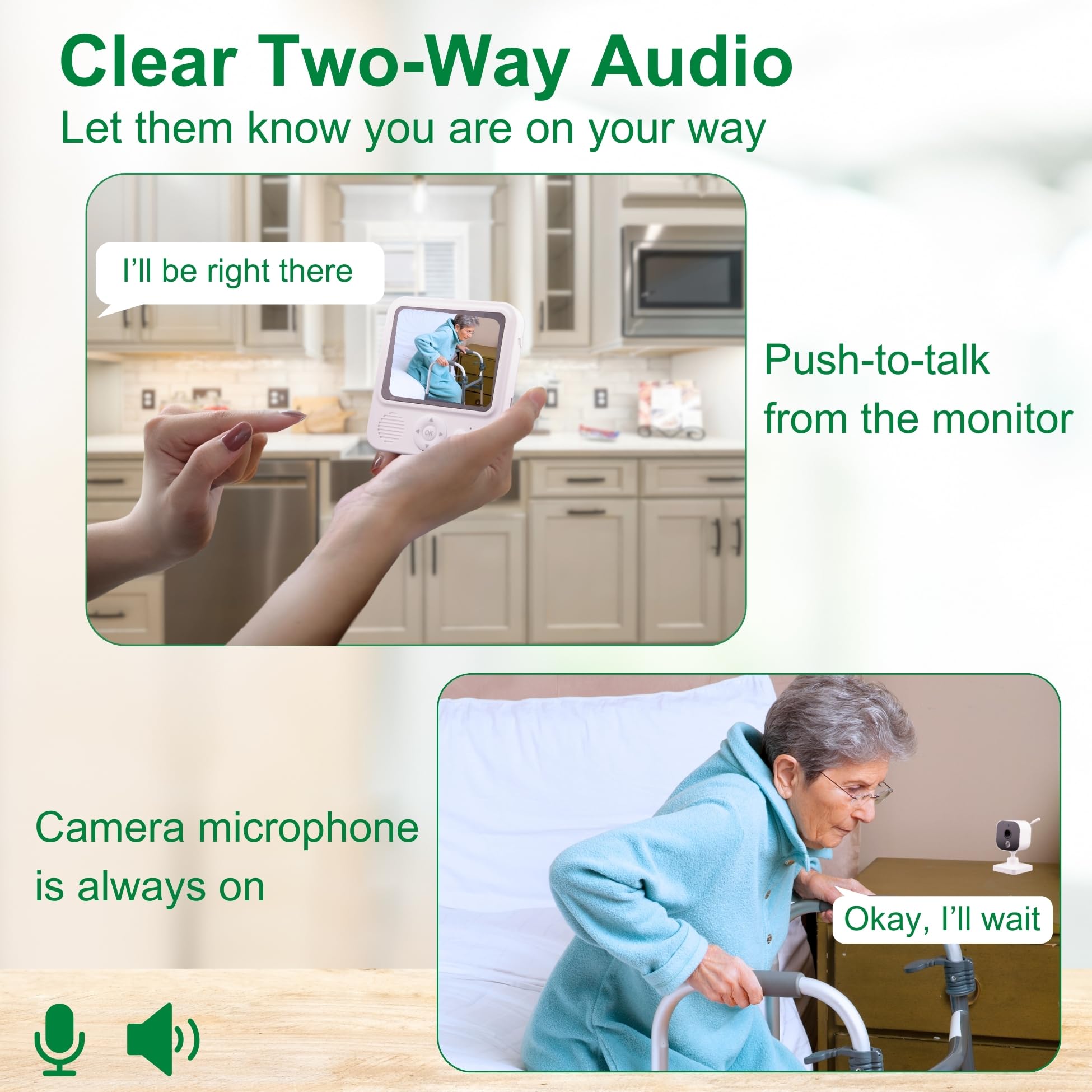 Smart Caregiver Video Monitor infrared night vision provides clear visibility in low light.