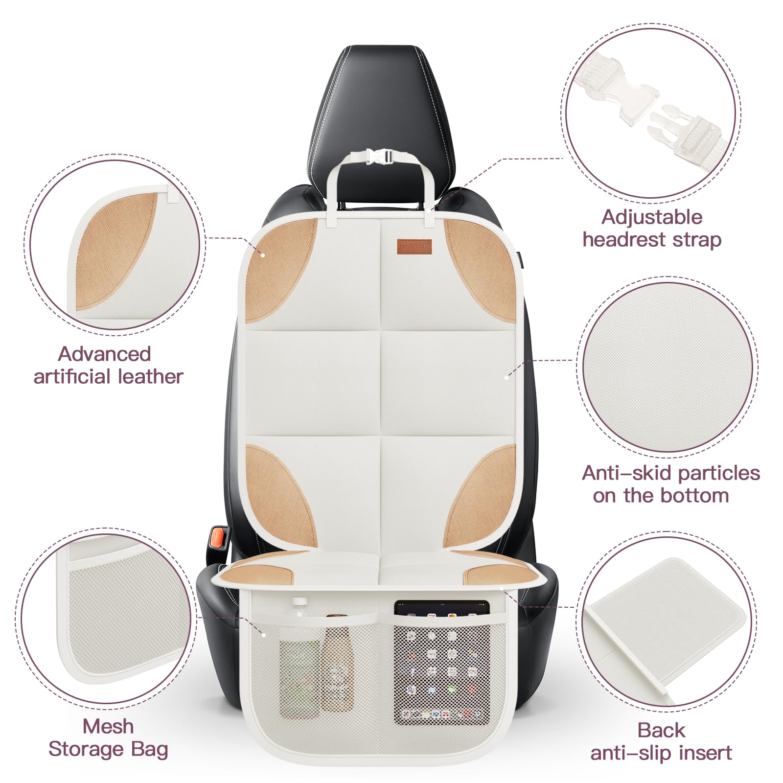 SMART ELF car seat protector beige back view illustrating anti-slip backing.