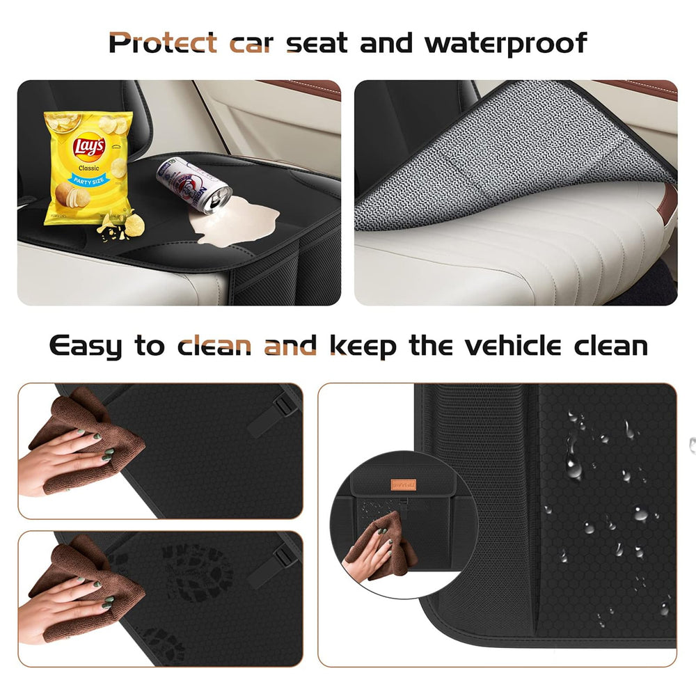 SMART ELF kick mat with storage pockets shows backseat organization.