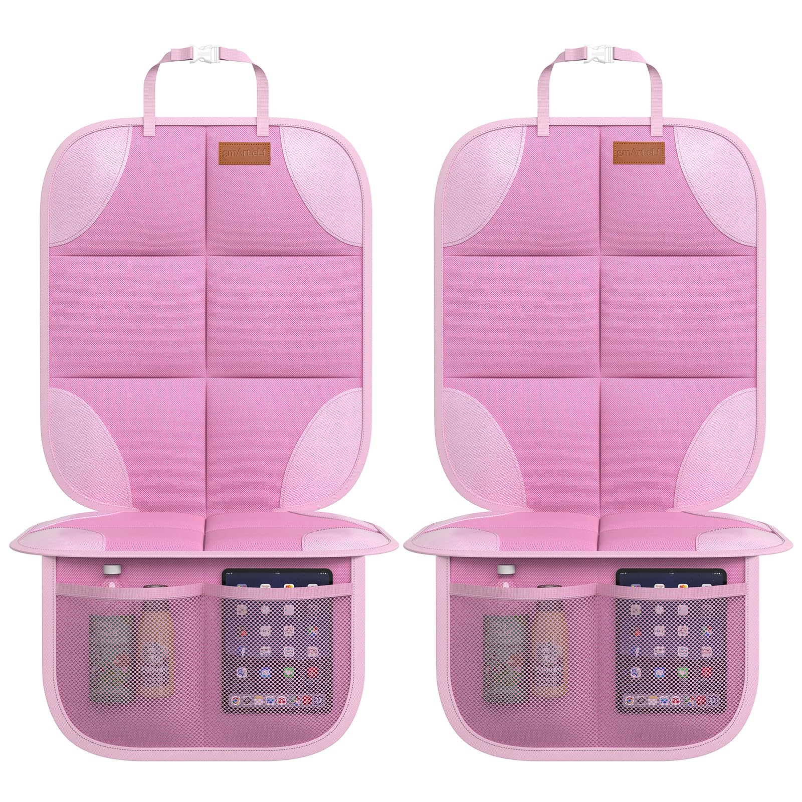 SMART ELF pink car seat protector front view with anti-slip bottom for secure fit.