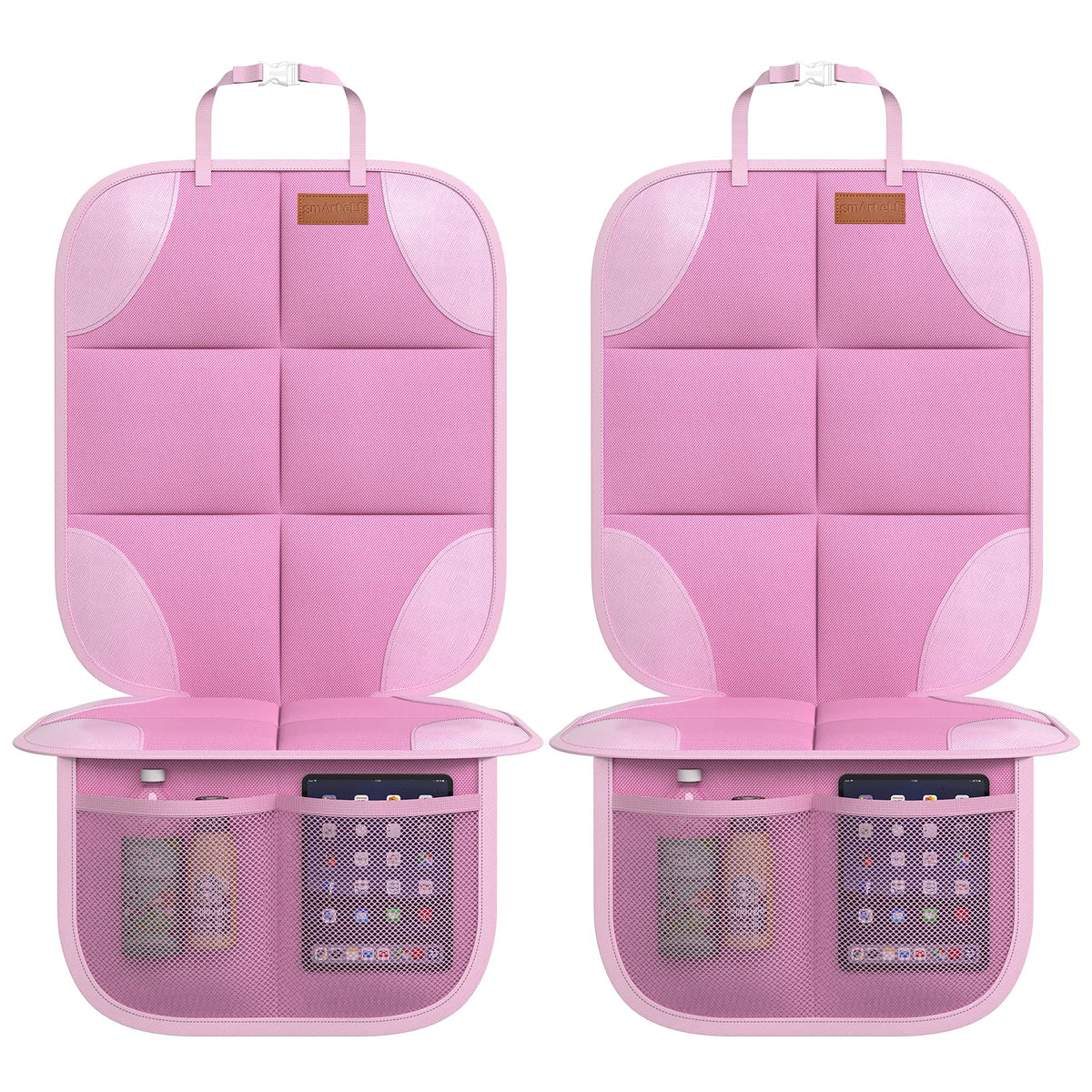 SMART ELF pink car seat protector front view with anti-slip bottom for secure fit.