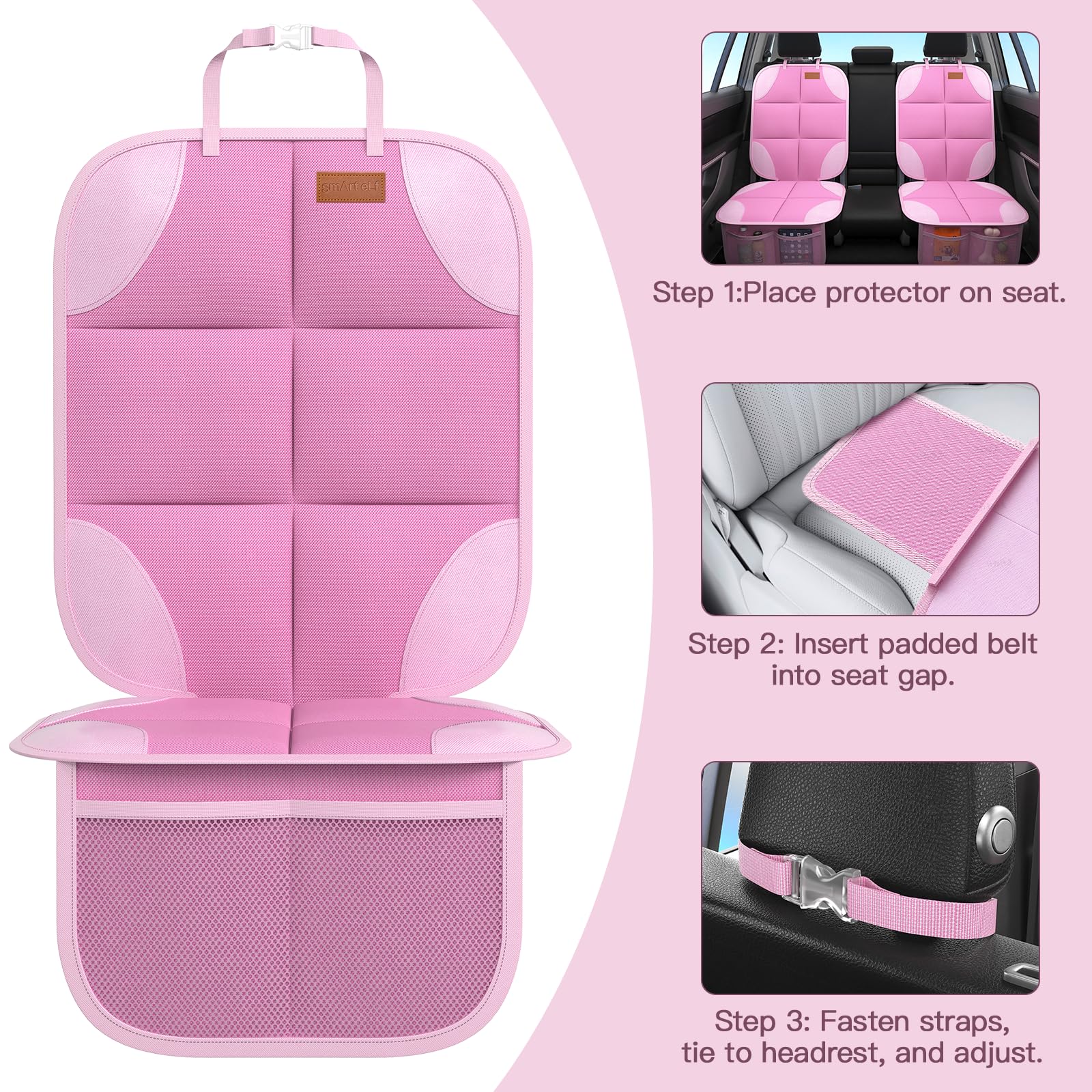 SMART ELF pink car seat protector installed with headrest strap for secure fit.