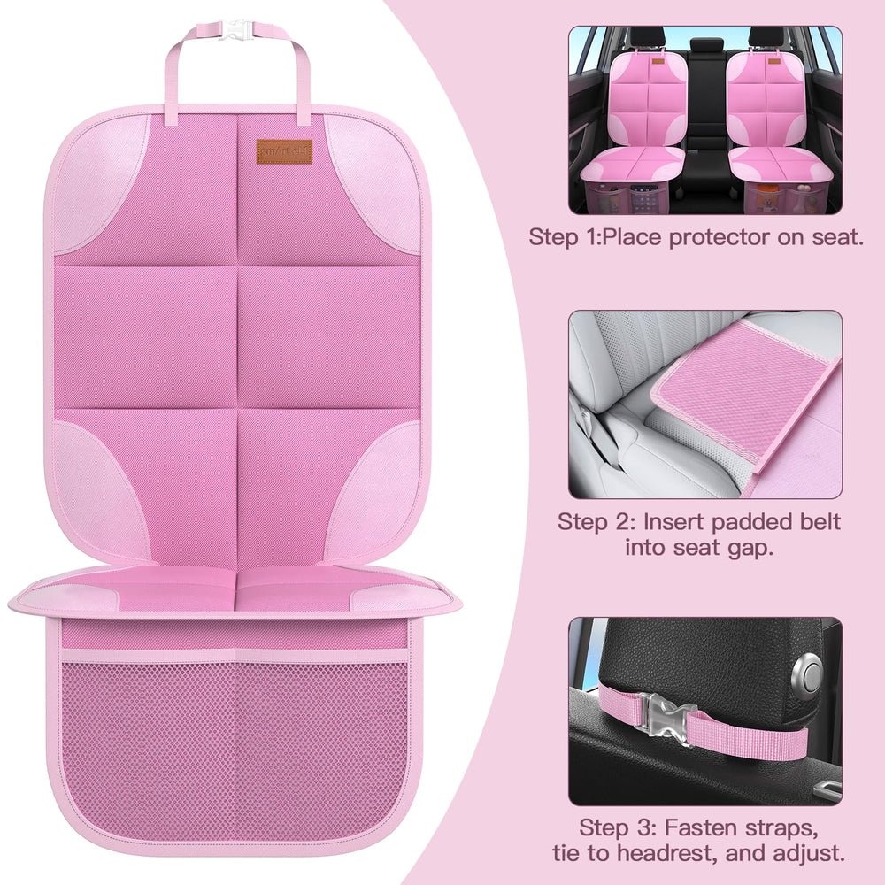 SMART ELF pink car seat protector installed with headrest strap for secure fit.
