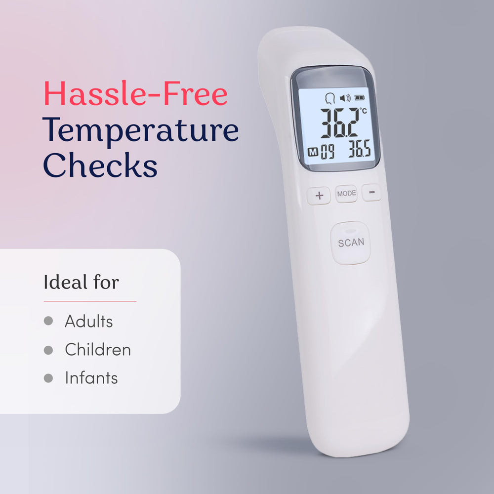 Smart Med Alert forehead thermometer family-use design suits adults, kids, and infants.
