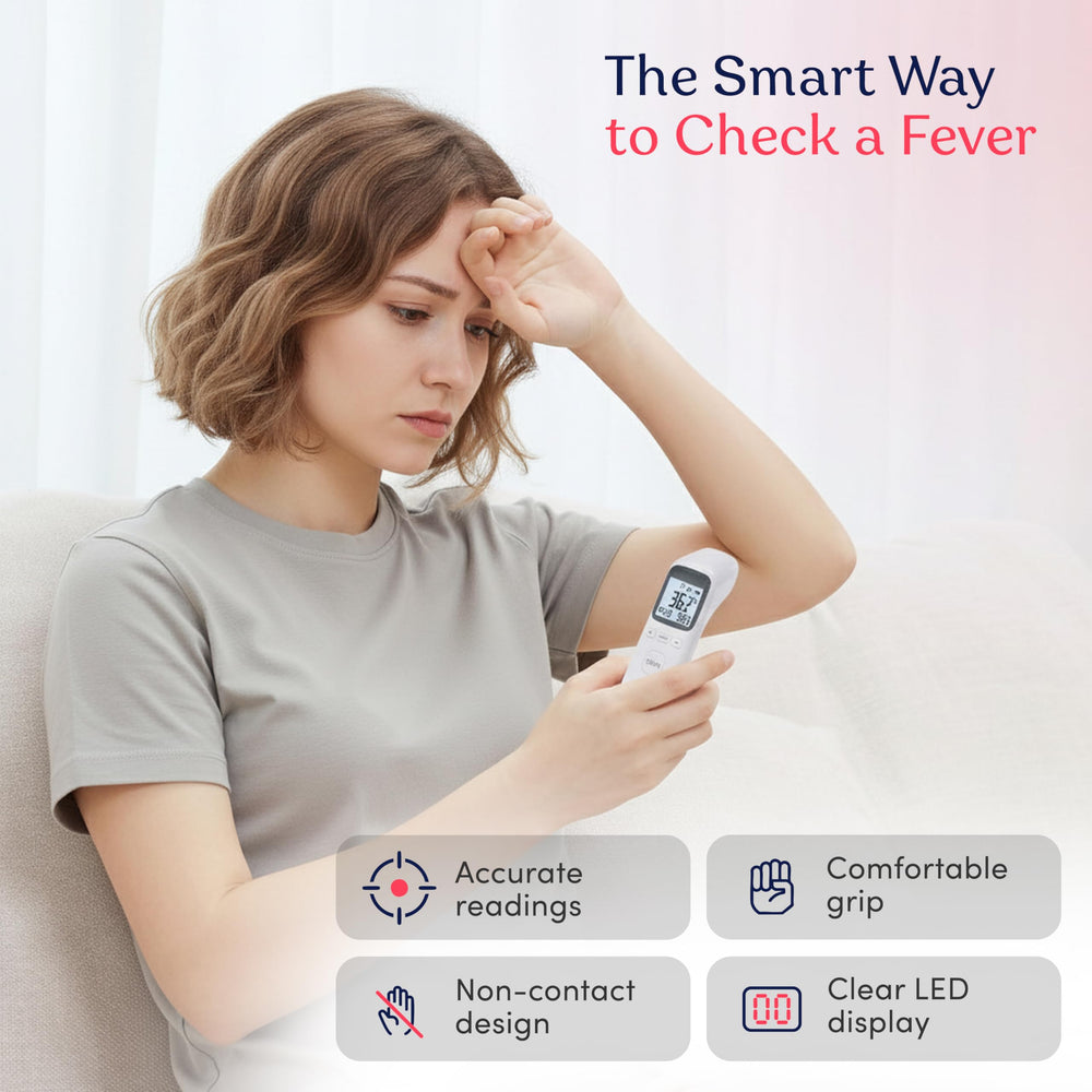 Smart Med Alert forehead thermometer fever alarm flags elevated temps for rapid assessment.