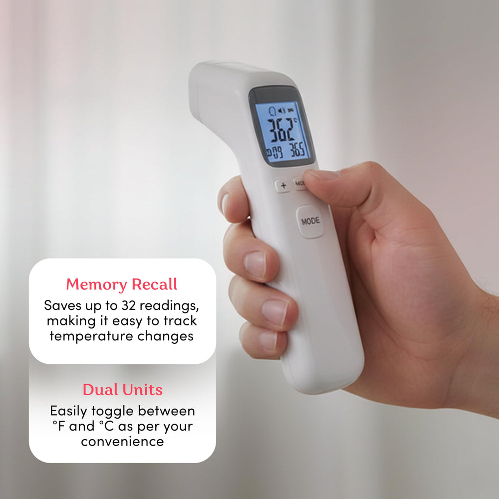 Smart Med Alert forehead thermometer memory recall stores past readings for trend tracking.