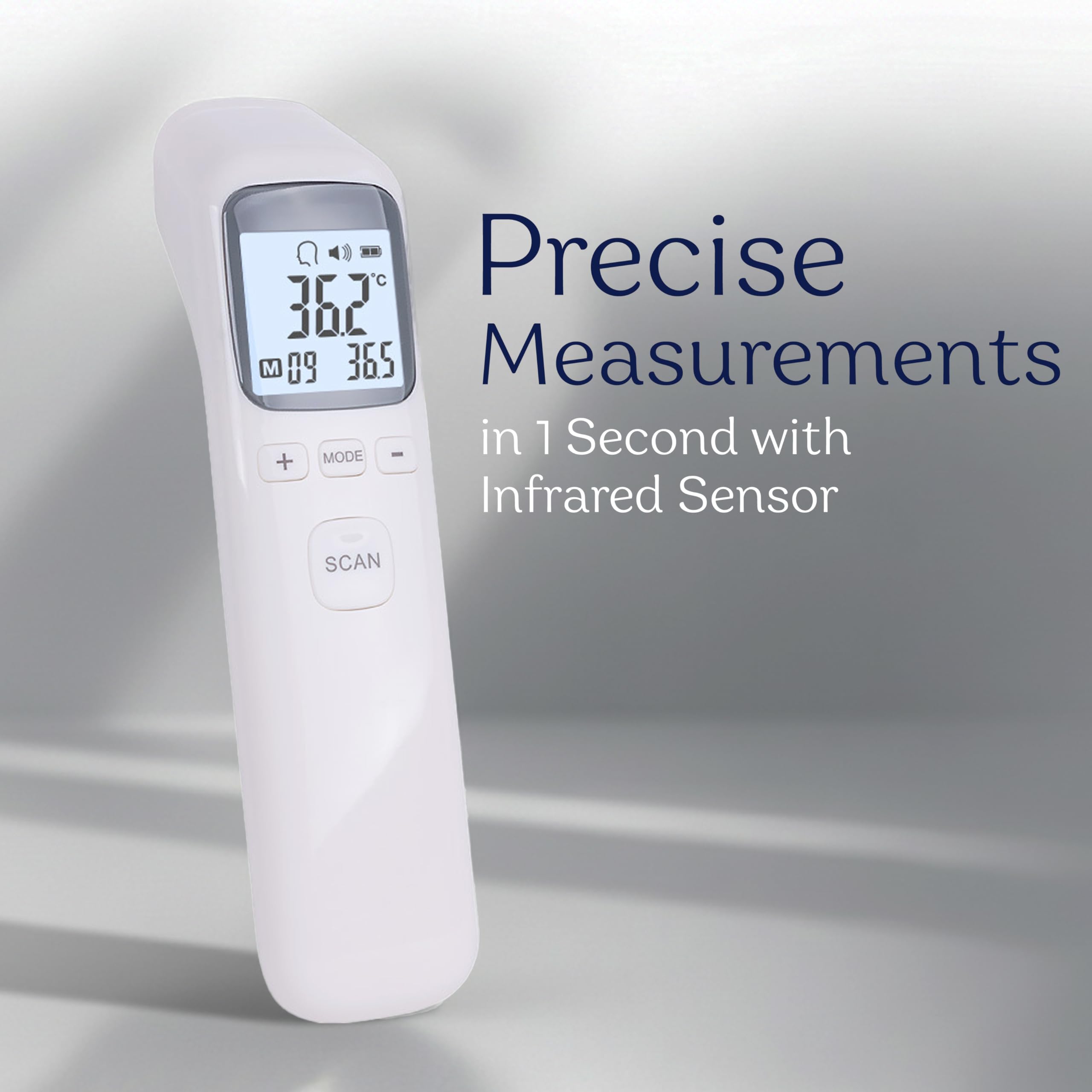 Smart Med Alert forehead thermometer one-second reading provides quick home screening.
