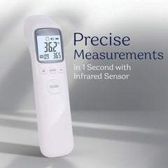 Smart Med Alert forehead thermometer one-second reading provides quick home screening.