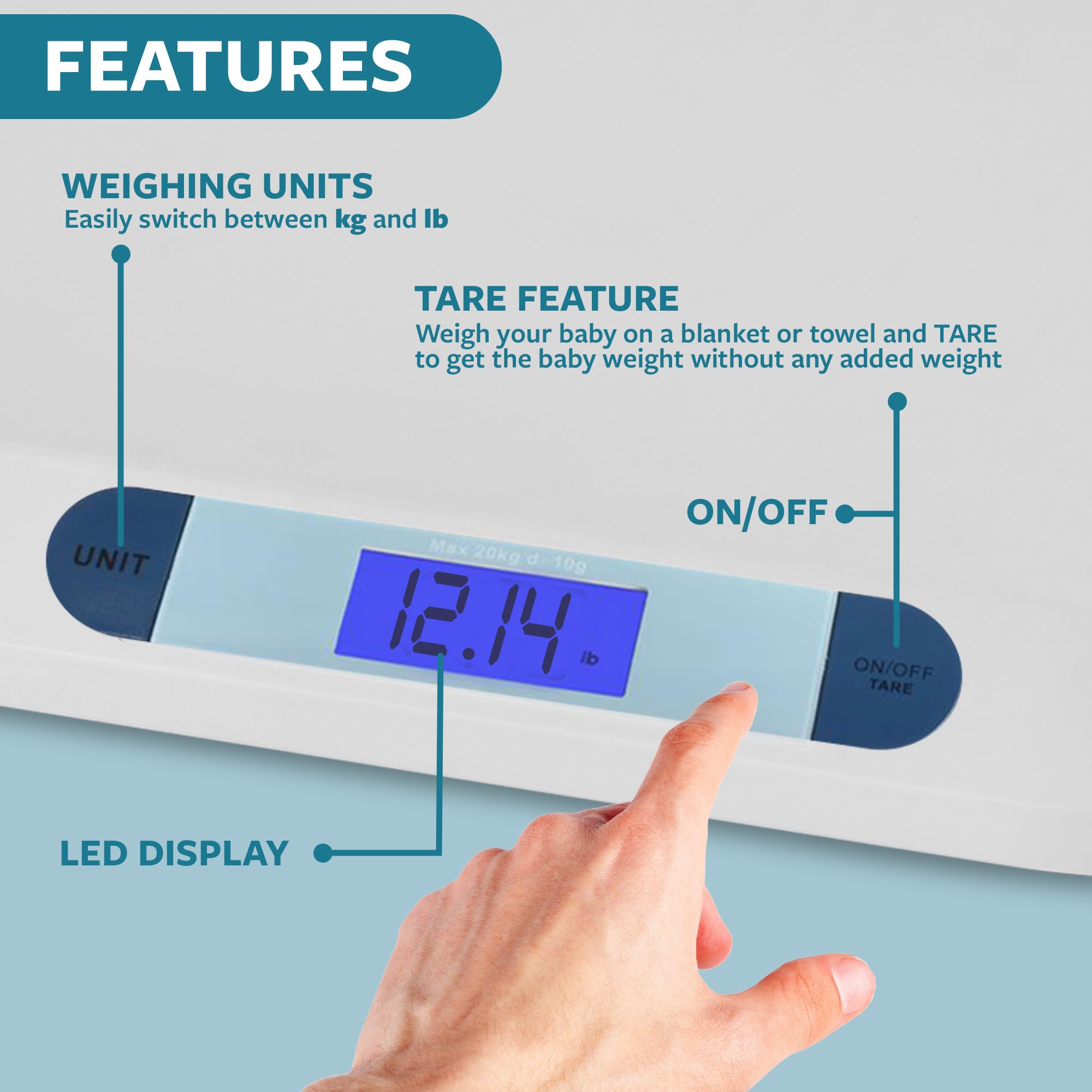 Smart Weigh baby-scale with hold function captures stable readings.