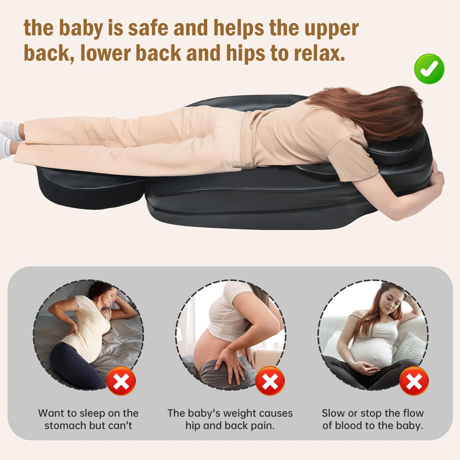 Smashier belly support base and cushions show adjustable firmness for comfort.