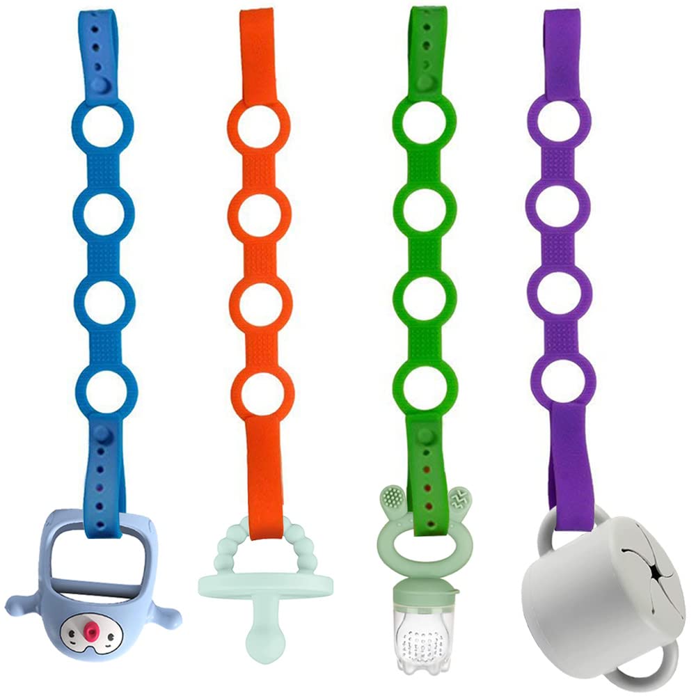 SMAutoLife 4PK toy safety straps closeup demonstrates soft silicone for secure pacifier clips.