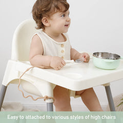 SMAutoLife utensil holder strap attached to a high chair keeps utensils within reach.