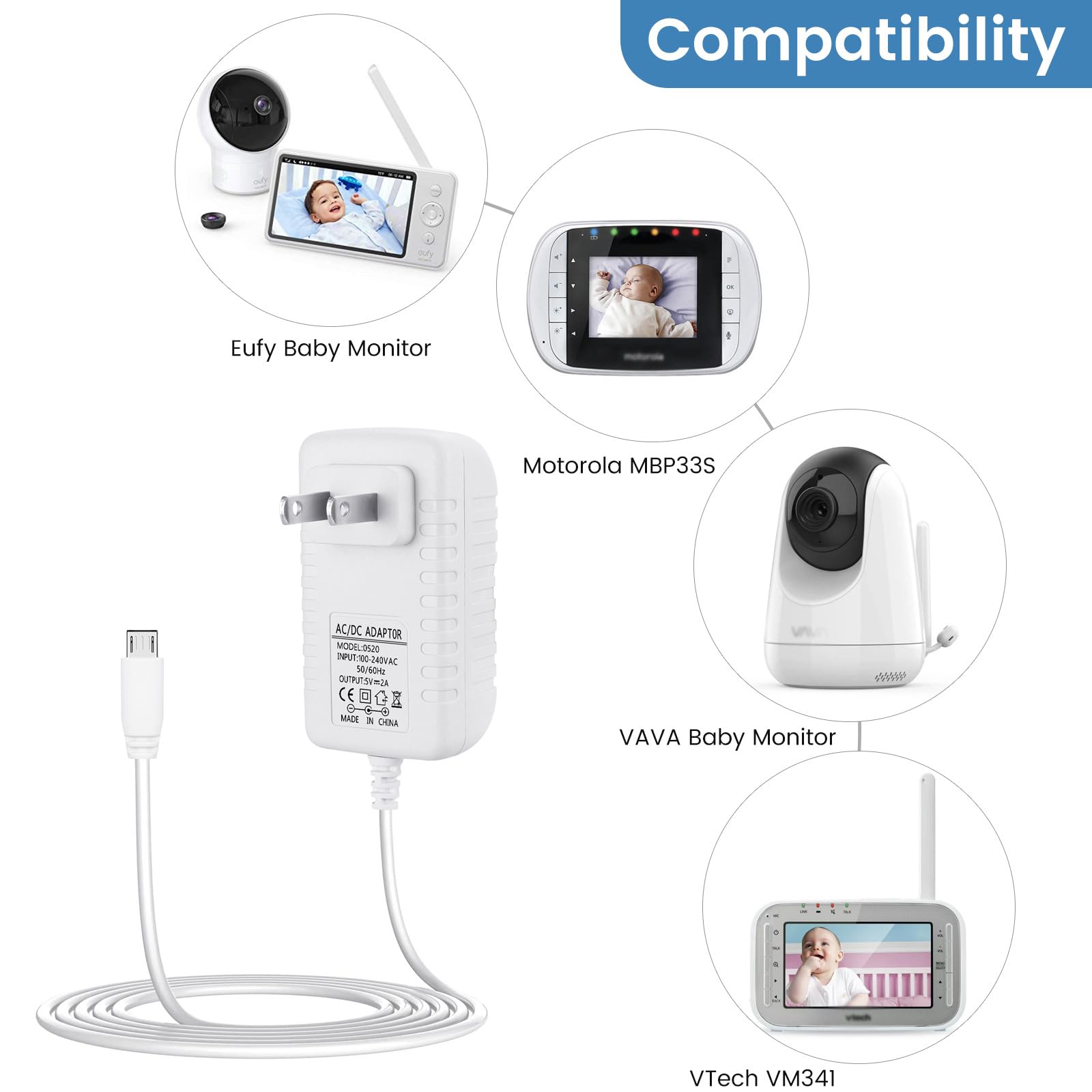 Smays charger replacement for Eufy baby monitor with long 6 ft cord for easy placement.