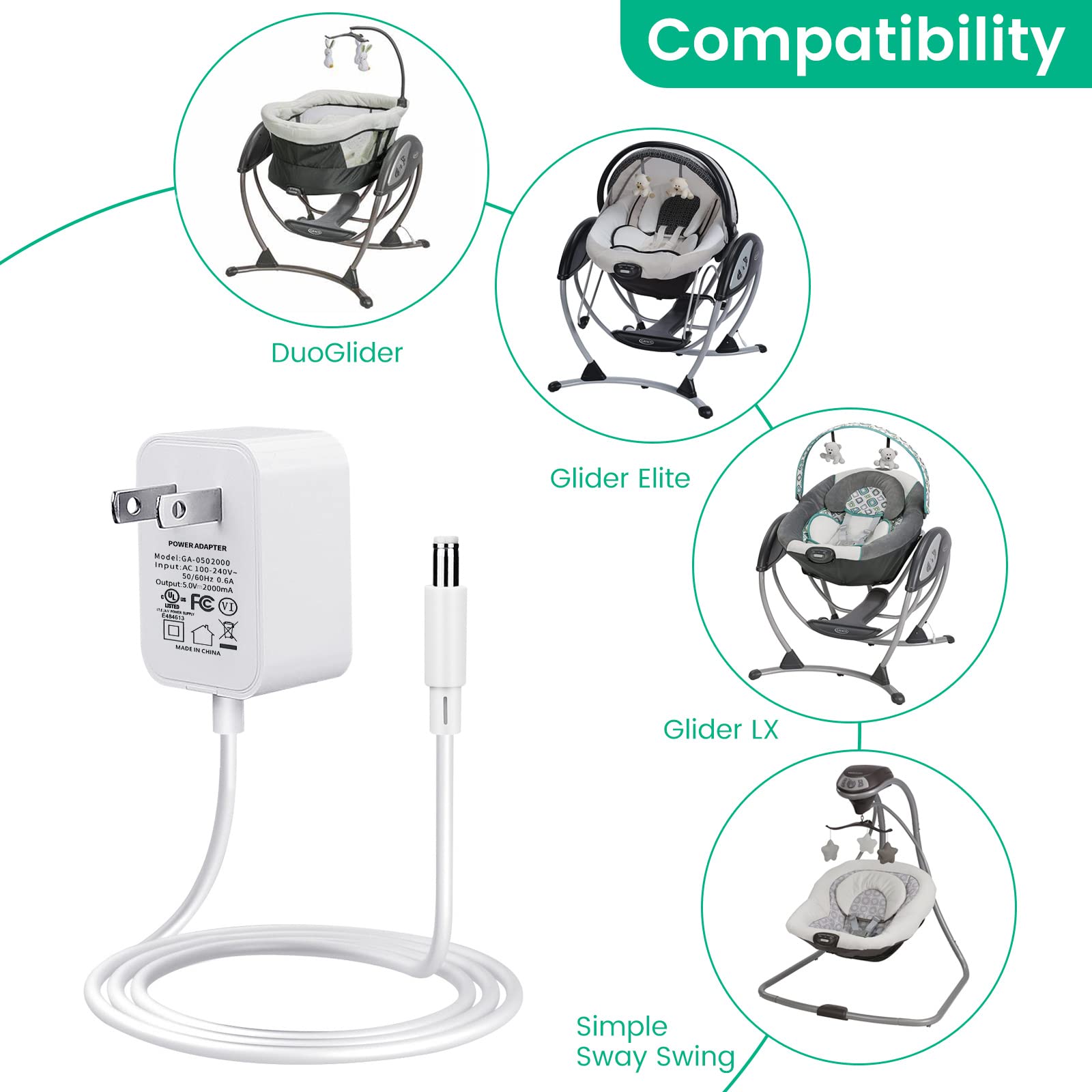 Smays power cord in use with Graco swing, stable power during soothing sessions