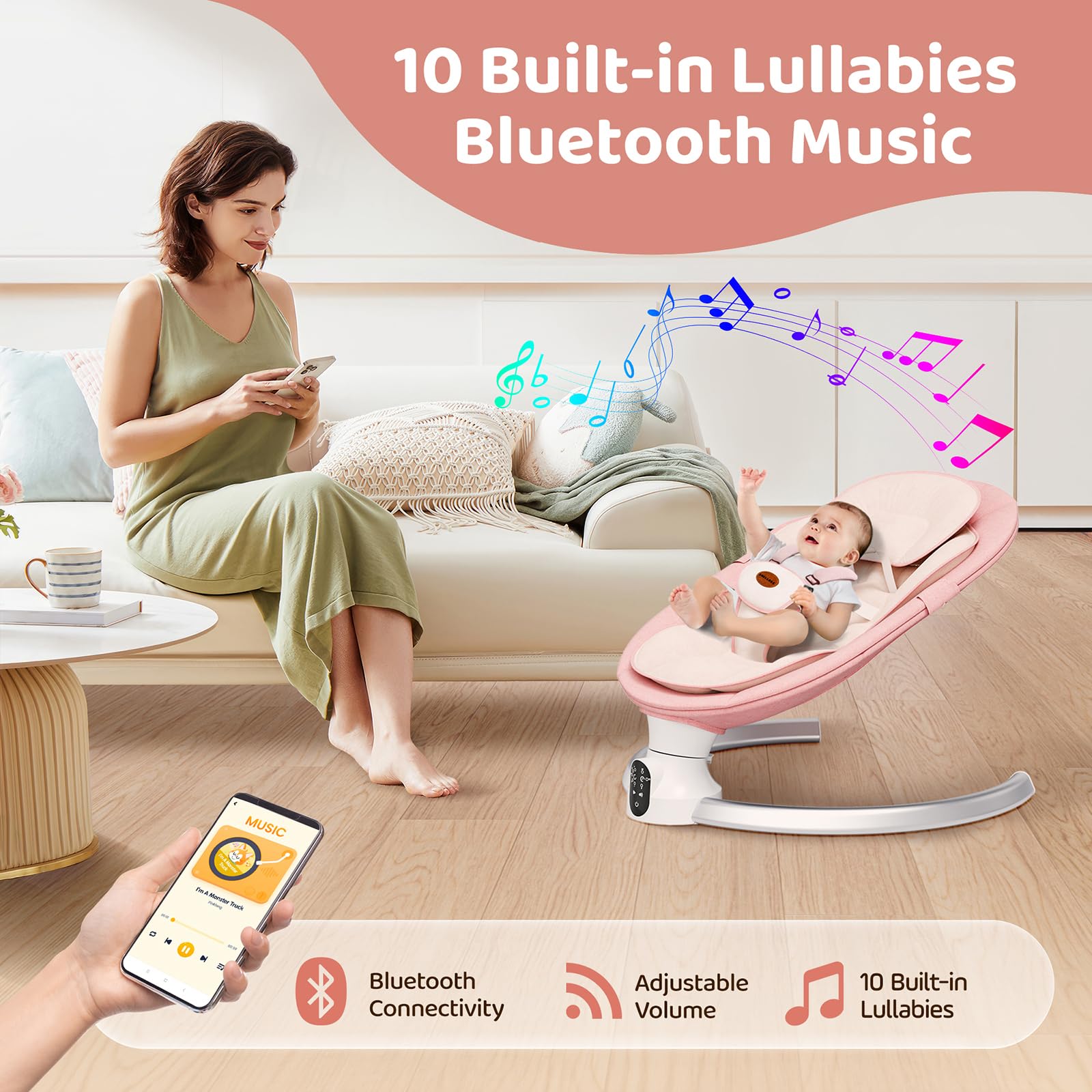 Smelluck baby swing pink app control demonstrates Bluetooth music playback