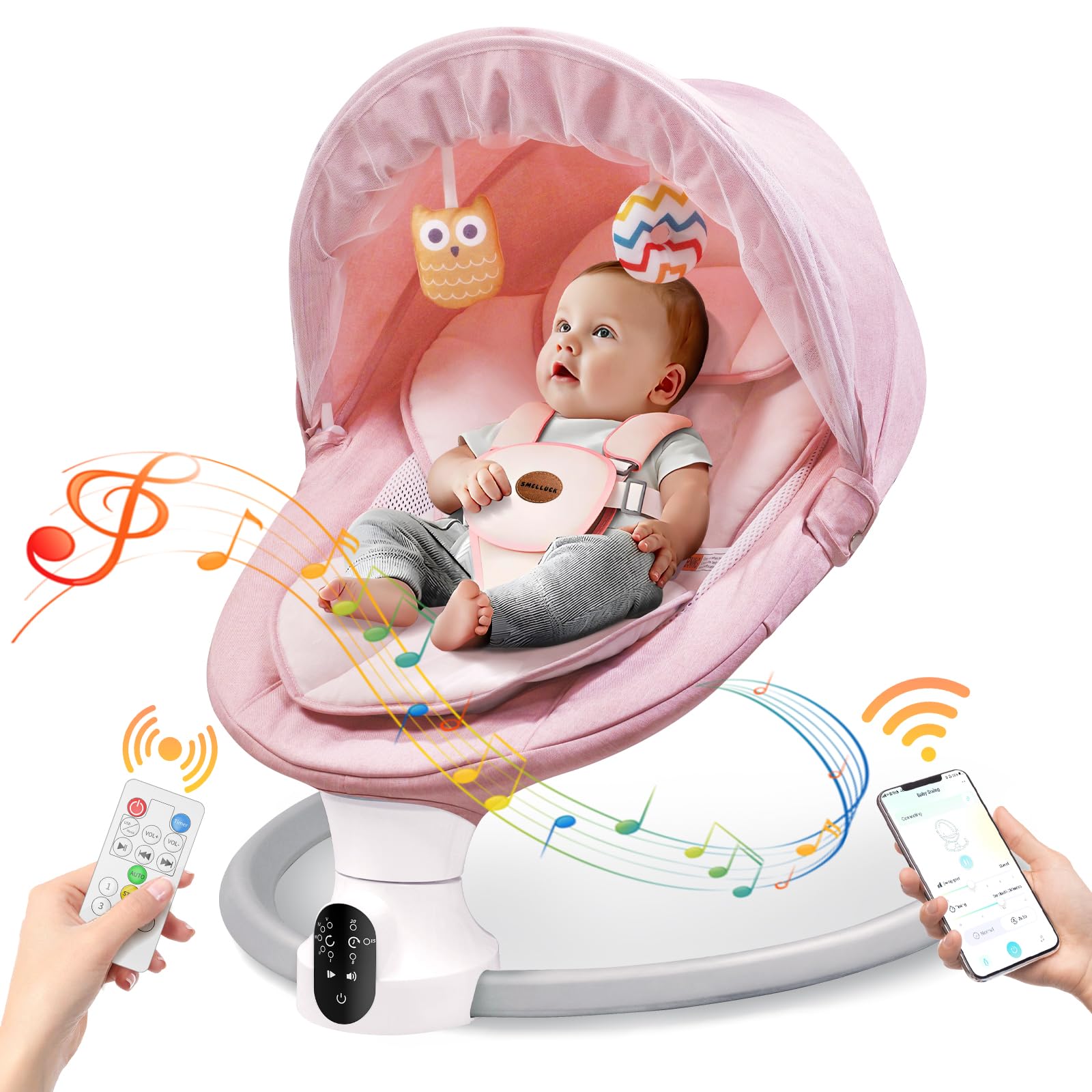 Smelluck baby swing pink front view shows portable setup for cozy baby moments