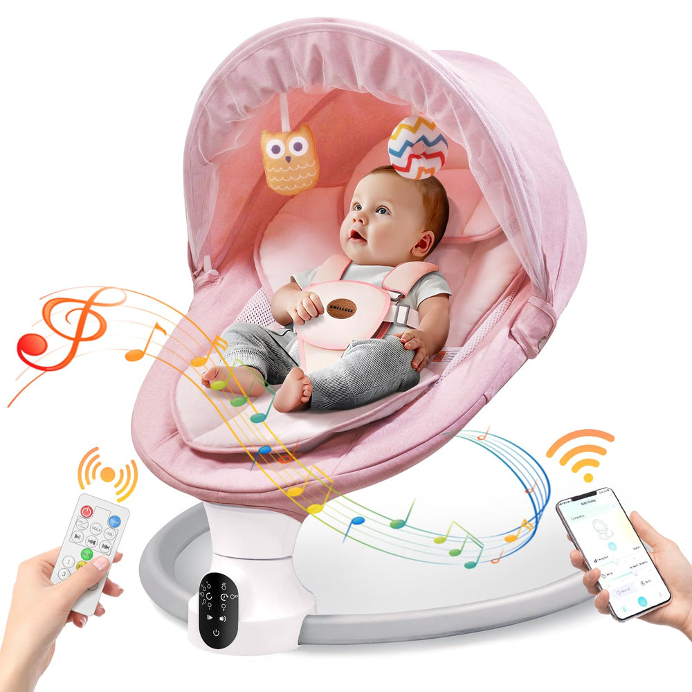 Smelluck baby swing pink front view shows portable setup for cozy baby moments