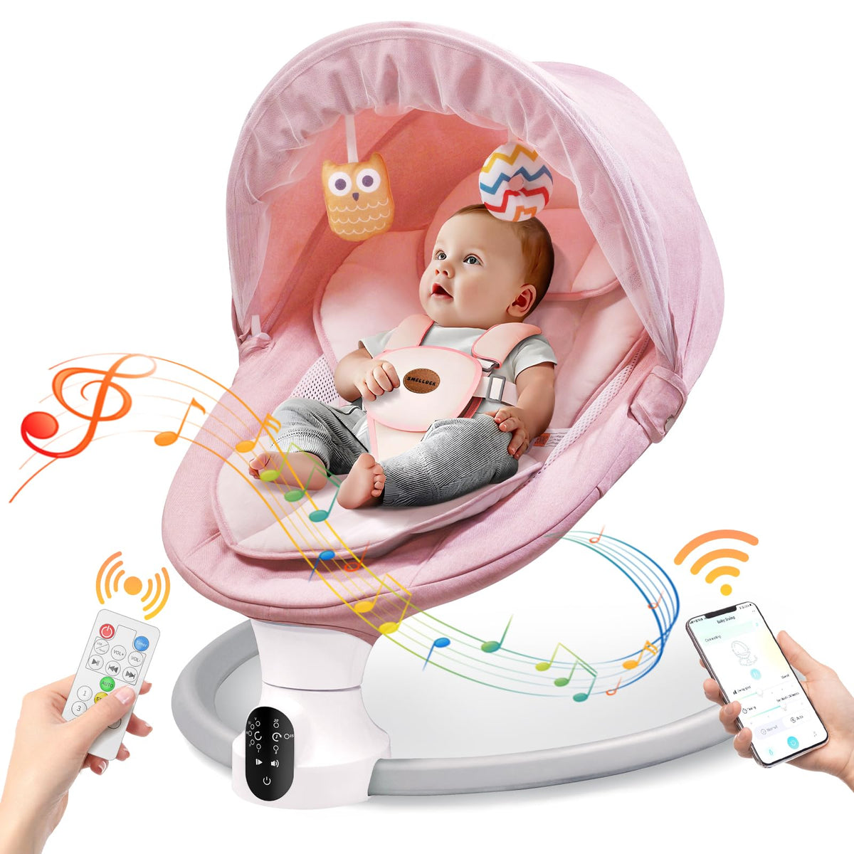 Smelluck baby swing pink front view shows portable setup for cozy baby moments