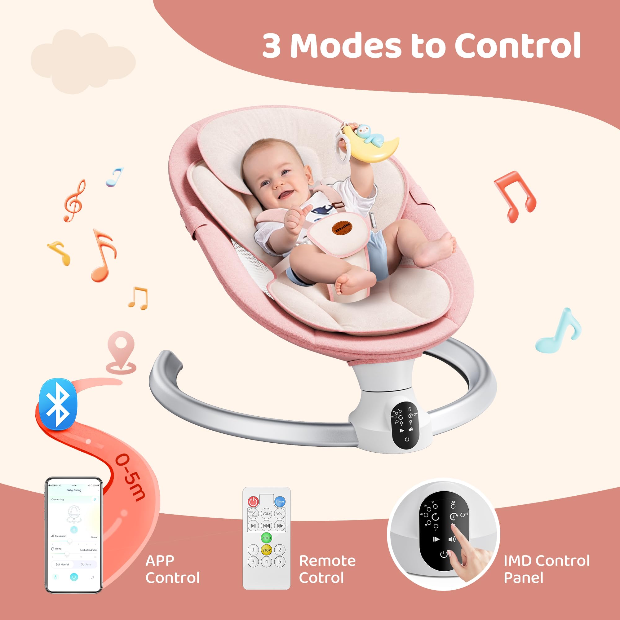 Smelluck baby swing pink harness close-up highlights upgraded five-point safety