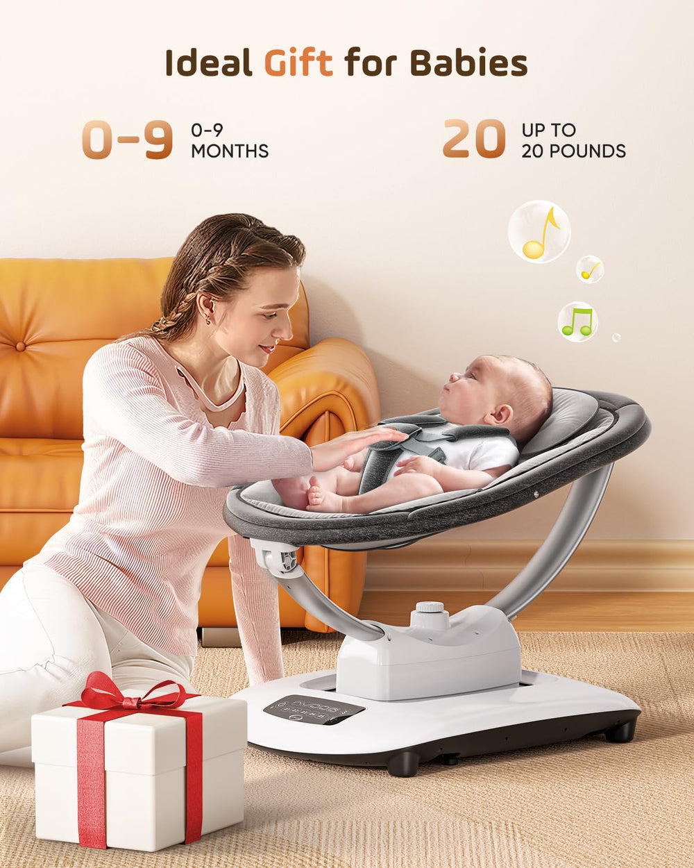 Smelluck Baby Swing remote control and touch panel for hands-free soothing.