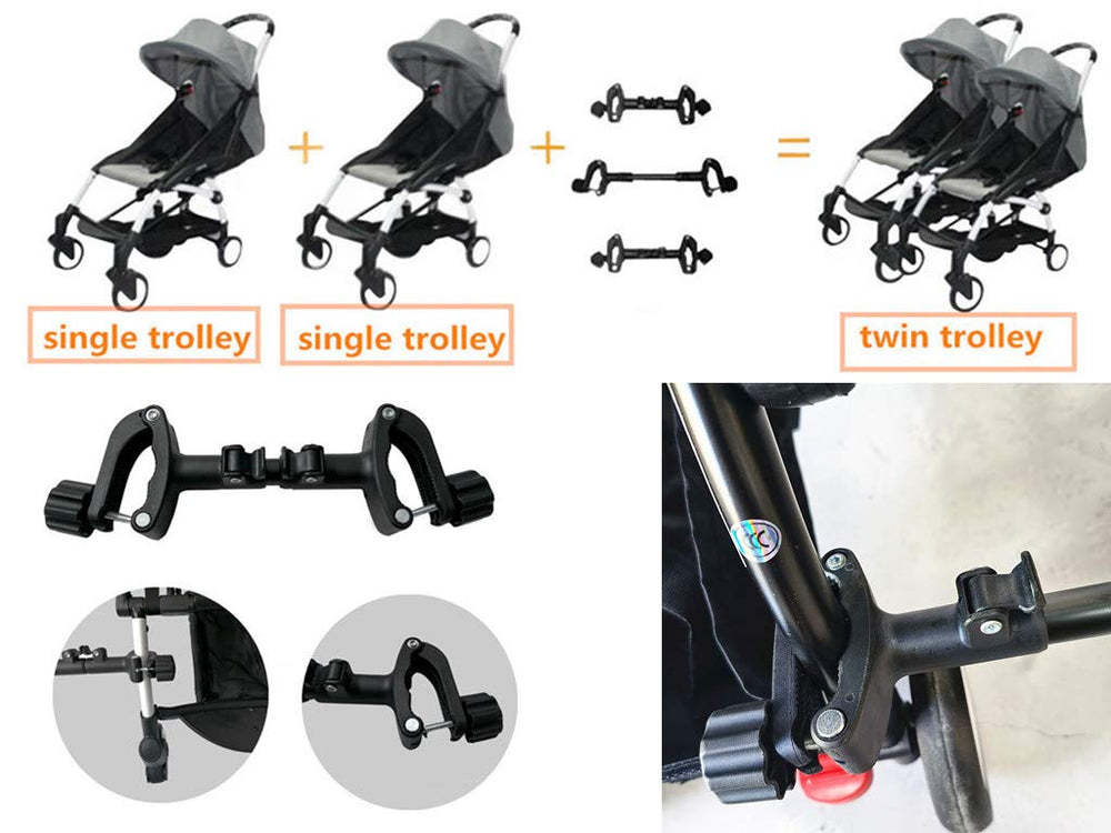 Smile Saki twin stroller connector lock adjustment highlighting adjustable length for spacing.