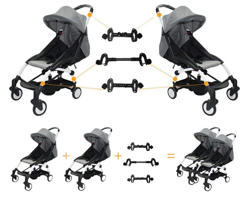 Smile Saki twin stroller connector side view showing linked umbrellas for coordinated travel.