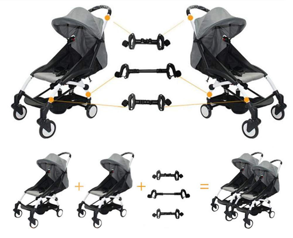 Smile Saki twin stroller connector side view showing linked umbrellas for coordinated travel.