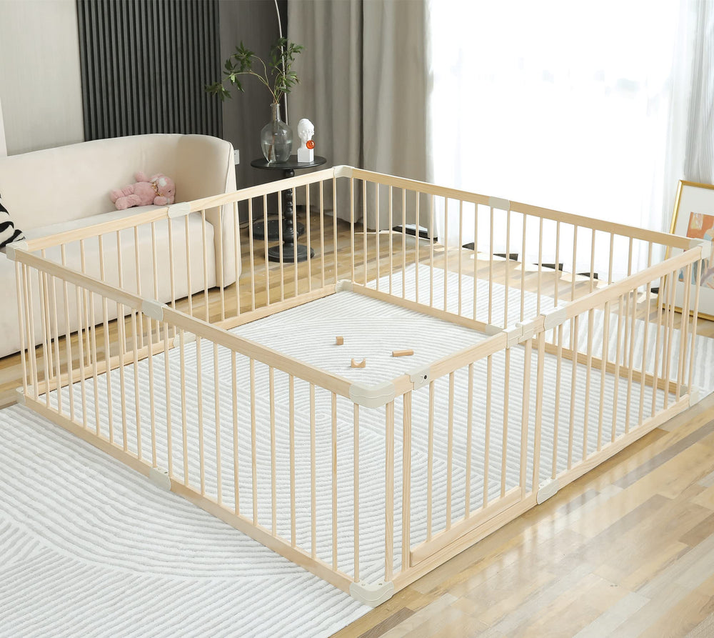 Smilebaby Conababy wood playpen setup showing sturdy solid wood for safe indoor play