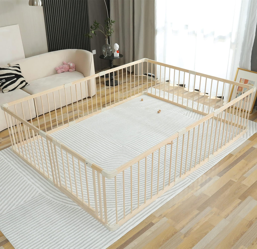 Smilebaby large wooden playpen assembly showing sturdy frame for easy setup.