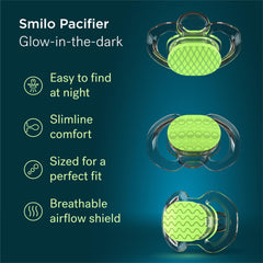 Smilo 100% silicone pacifier highlights BPA-free safety for daily use.