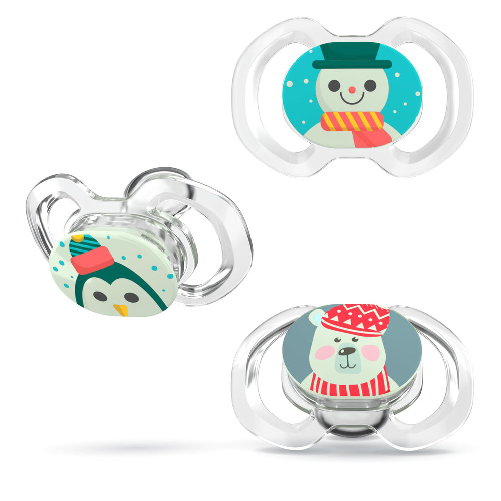 Smilo baby Christmas pacifier 3-pack features winter design for babies 9+ months