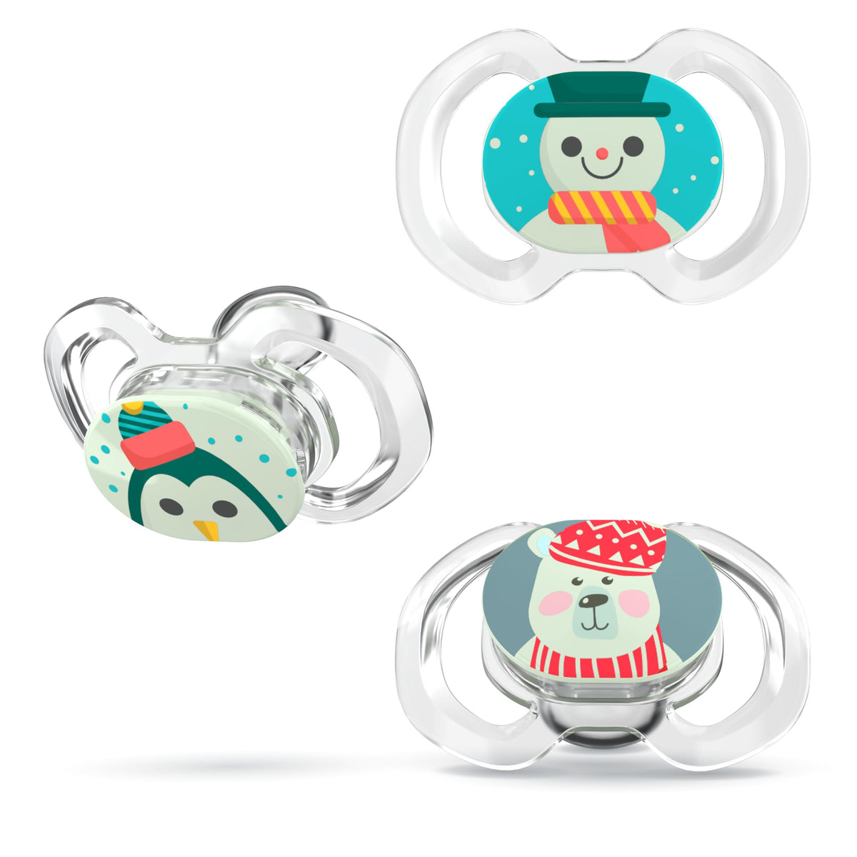 Smilo baby Christmas pacifier 3-pack features winter design for babies 9+ months
